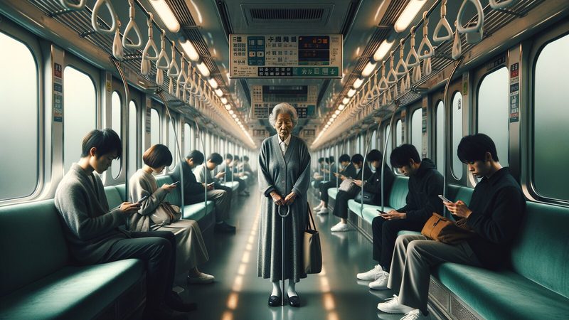 Quiet Tokyo train carriage at rush hour, passengers standing in orderly silence with phones out, an elderly woman holding a strap while younger passengers in priority seats stare at screens