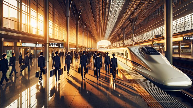 Bullet train arriving at a Tokyo platform at golden hour, salarymen with briefcases stepping off into warm side-lighting through a glass roof